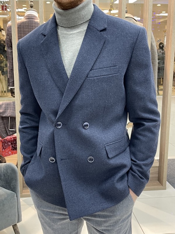 Пиджак двубортный твидовый  синий 