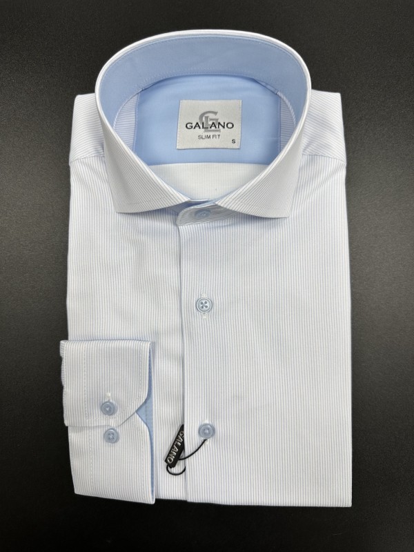 Рубашка белая в голубую полоску с длинный рукавом, приталенный силуэт